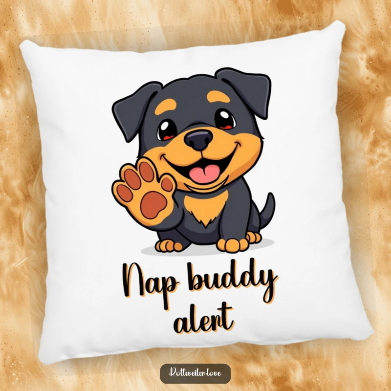 Funny kawaii rottweiler pillow with a friendly grin offering a paw, providing soft humor and adorable doggy comfort.