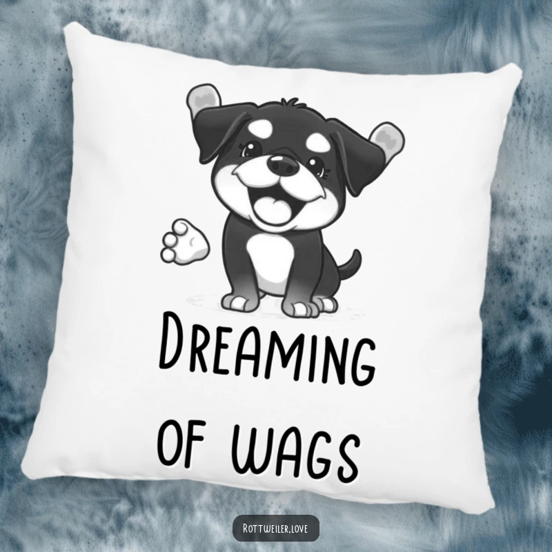 Funny Kawaii Rottweiler pillow embodying a whole body wag, offering comfort and radiating happiness.