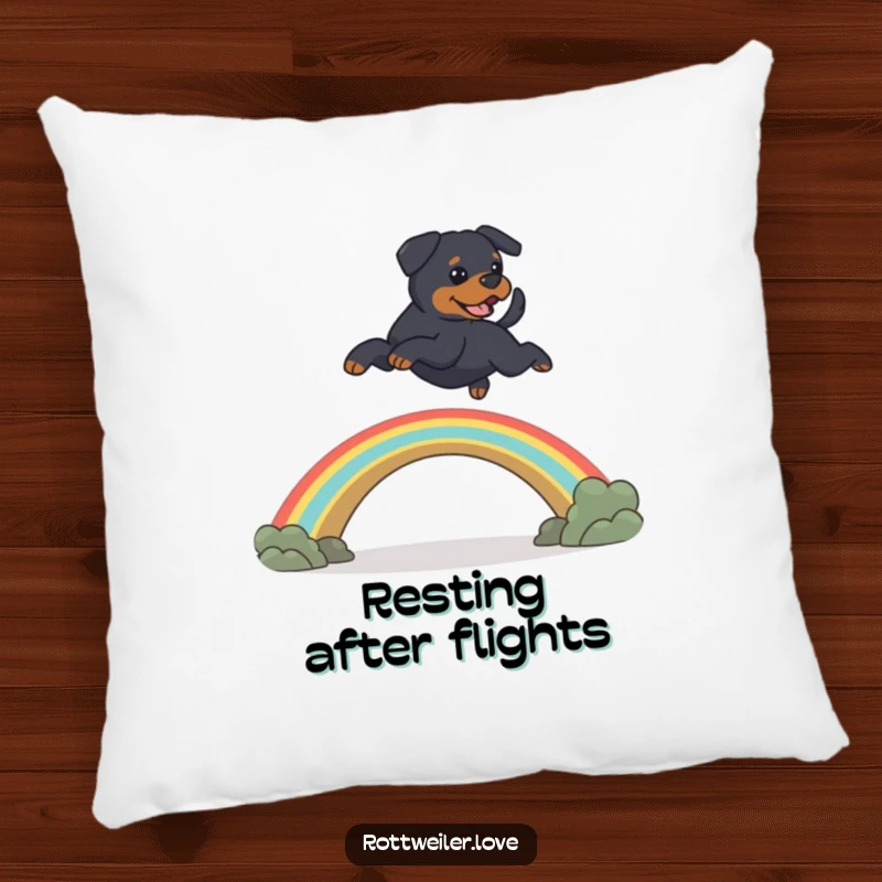 Funny Rottweiler dog leaping over a rainbow bridge, exuding heartwarming pet memorial humor on a plush pillow.