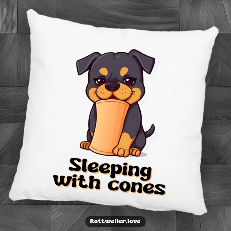 Funny Rottweiler Pillow: A Rottweiler with a goofy expression balances a cone, adding humor to your comfort.