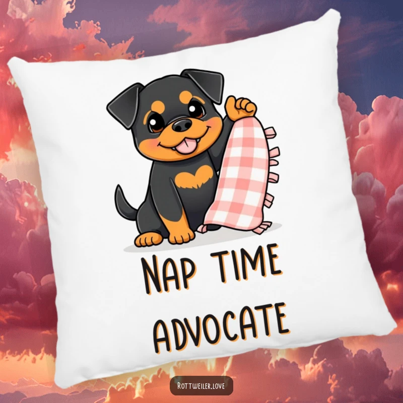 Funny Rottweiler Pillow featuring a dog enthusiastically waving a small, checkered blanket, designed for maximum cozy comfort.