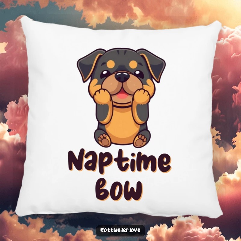 Funny pillow with a Rottweiler in a humorous playful bow, offering comfortable and charming decorative appeal.
