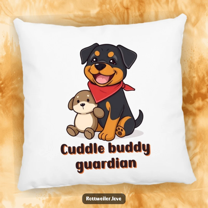 Funny rottweiler pillow with a joyful dog wearing a bandana, guarding a plush toy, providing soft humor and protection.