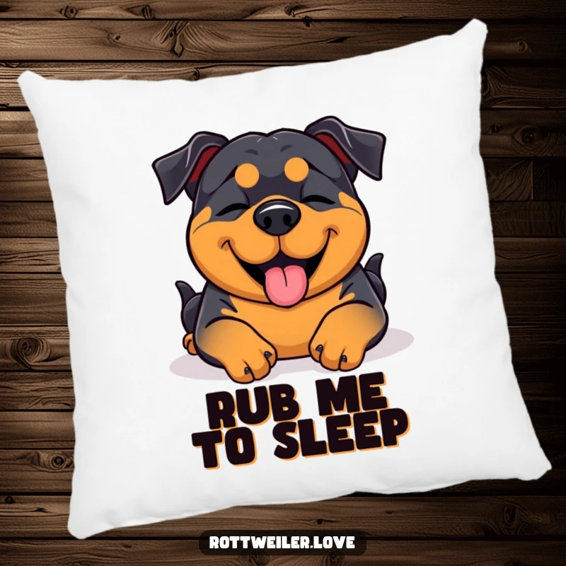 Funny Rottweiler design on a soft pillow, showing the dog blissfully receiving a belly rub with closed eyes.