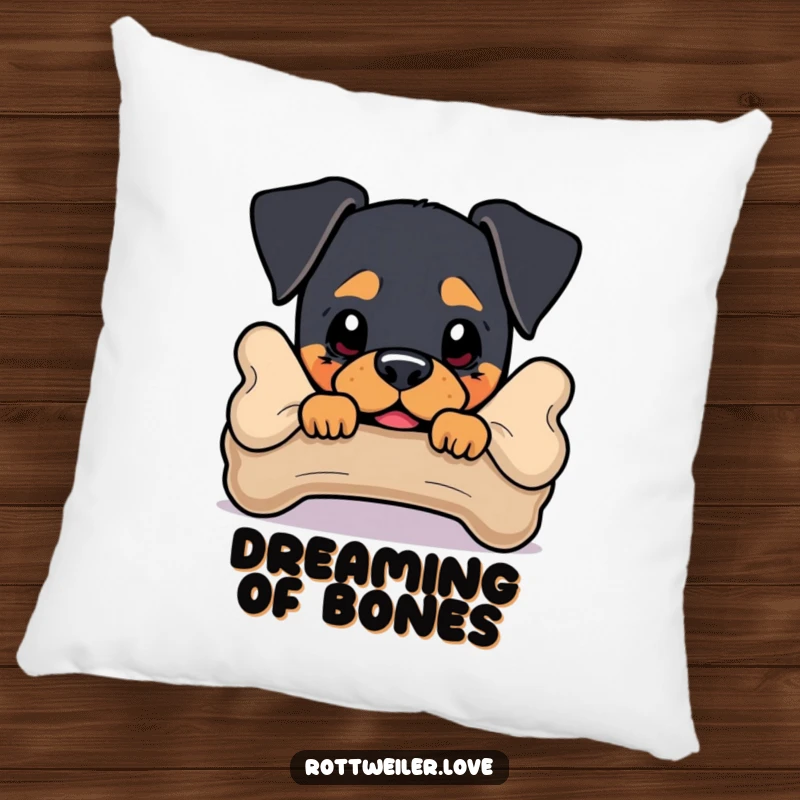 Funny Rottweiler Pillow with a dog peeking from behind a bone, offering comfort and a touch of playful humor.