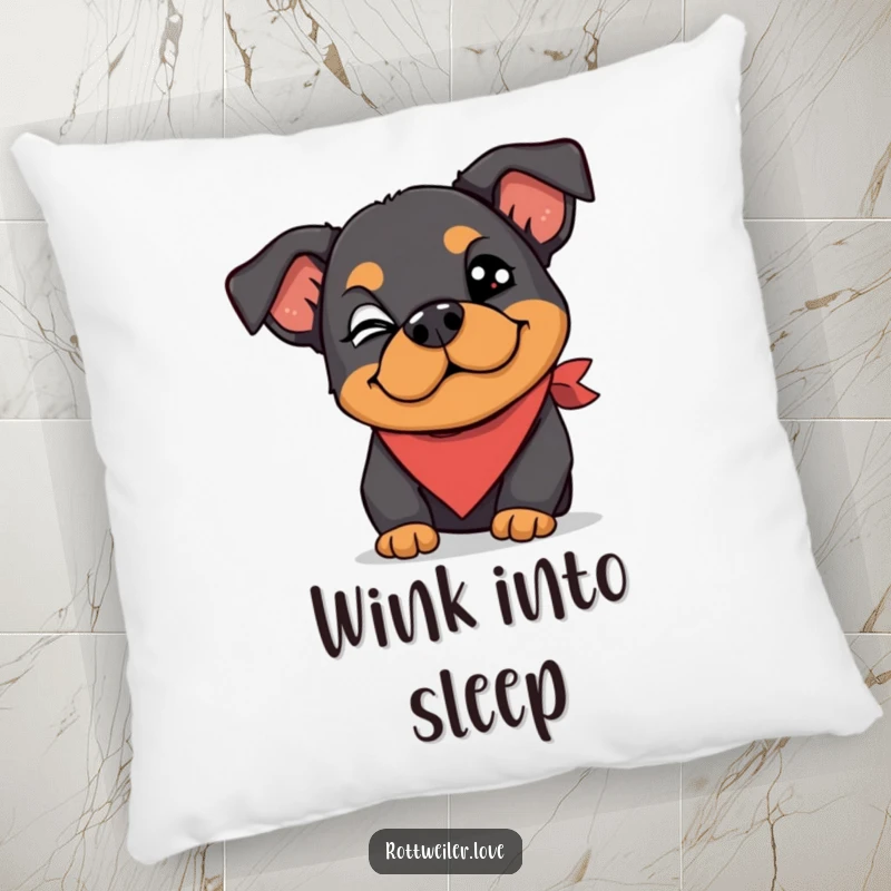 Funny Rottweiler pillow showcasing a dog wearing a silly bandana and giving a playful wink, offering cozy comfort and cheeky style.