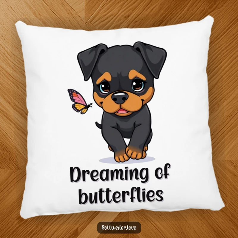 Funny Rottweiler pillow featuring a dog with a determined look, chasing a butterfly, perfect for adding comfort and humorous motivation.
