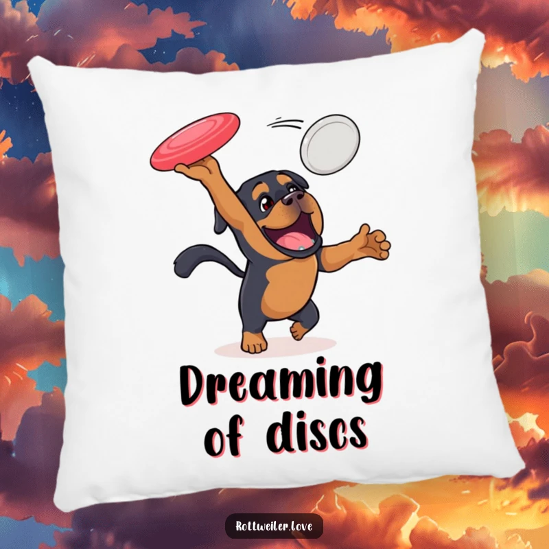 Funny Rottweiler pillow depicting an energetic dog leaping to catch a flying disc, adding a touch of sporty comfort to any room.