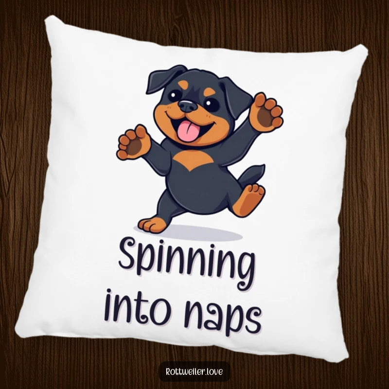 Funny Rottweiler design on a soft pillow, showing the dog doing a playful spin with paws in the air.