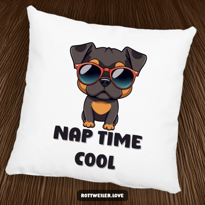 Funny Rottweiler pillow featuring a dog wearing large, round sunglasses, offering plush comfort and cool, stylish humor.