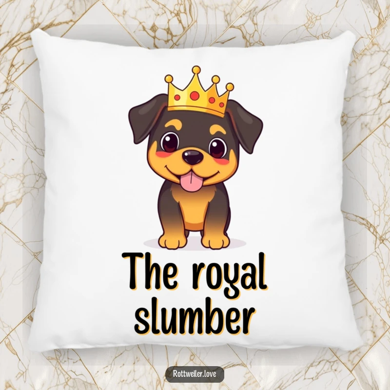 Funny royal rottweiler pillow featuring a regal dog with a tiny crown, offering plush comfort and dignified home decor.