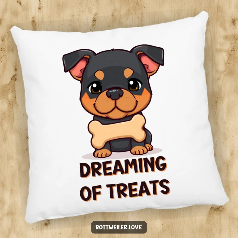 Funny shy Rottweiler dog offering a bone, exuding sweet canine humor on a plush pillow.