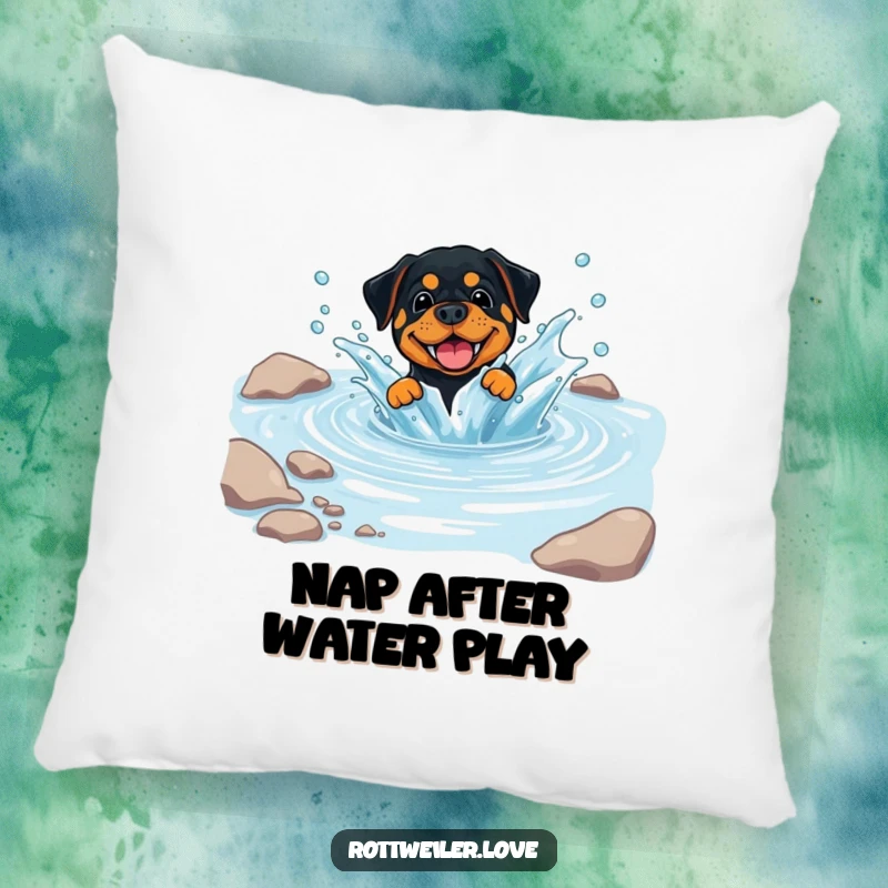 Funny Rottweiler Pillow featuring a dog playfully splashing in a clear, cool stream, designed for cozy and happy moments.