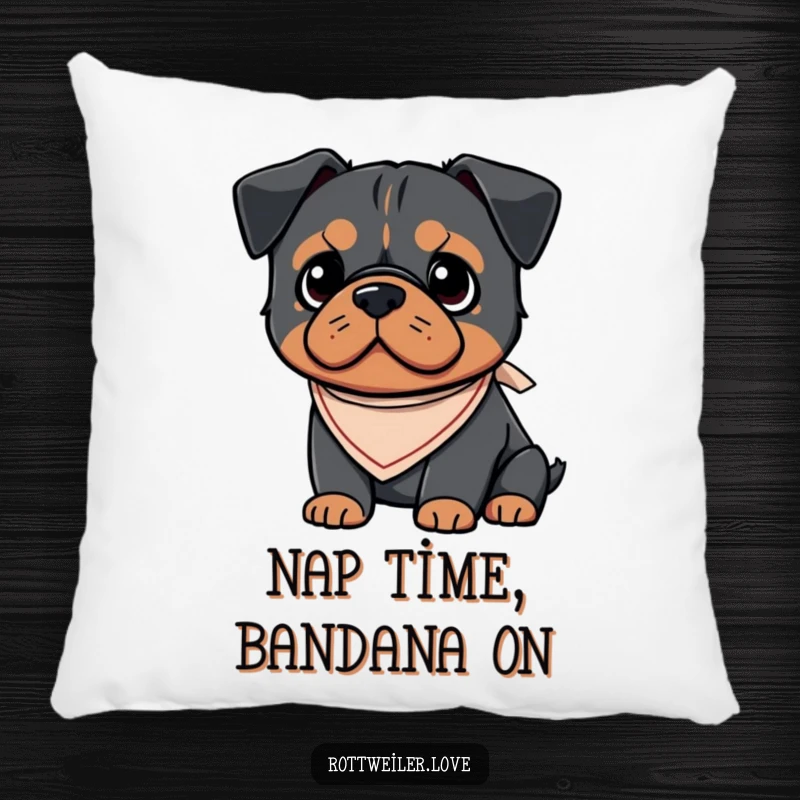 Funny Kawaii Rottweiler pillow featuring a sweet dog wearing a small, cute bandana, perfect for adding a touch of comfort and humor.