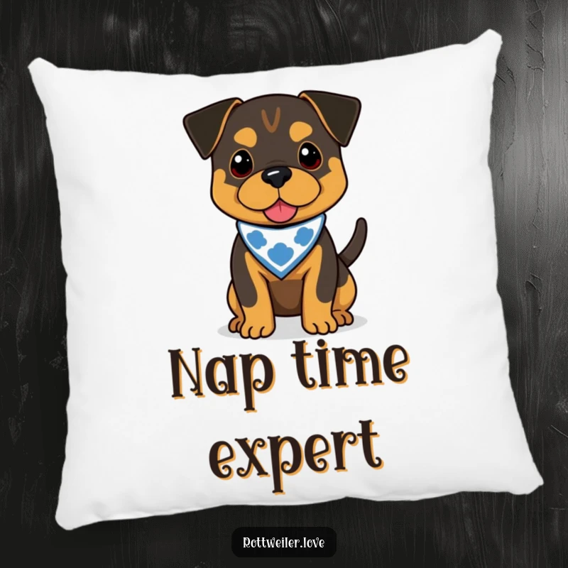 Funny Rottweiler pillow featuring a dog in a bandana, its tail wagging with delight, perfect for cozy humor.