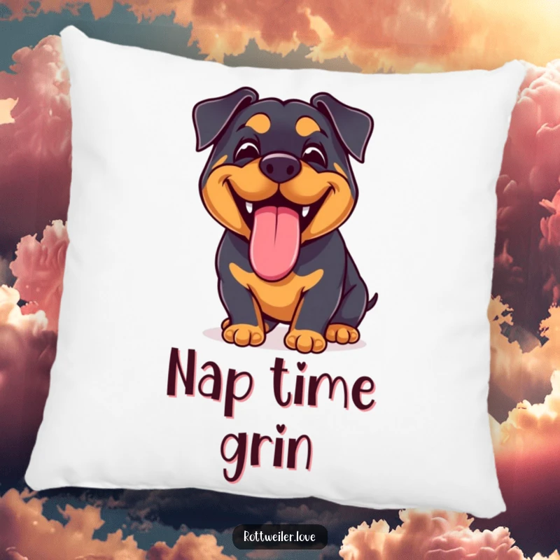 Funny Kawaii Rottweiler Pillow featuring a joyful dog with a big grin and lolling tongue, offering soft comfort and cheerful vibes.