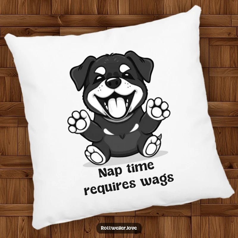 Funny Kawaii Rottweiler pillow with a happy bark and enthusiastically raised front paws, offering comfort and charm.