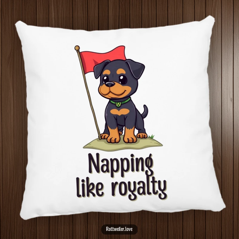 Funny Rottweiler dog with a flag on a hill, offering patriotic humor on a plush pillow.