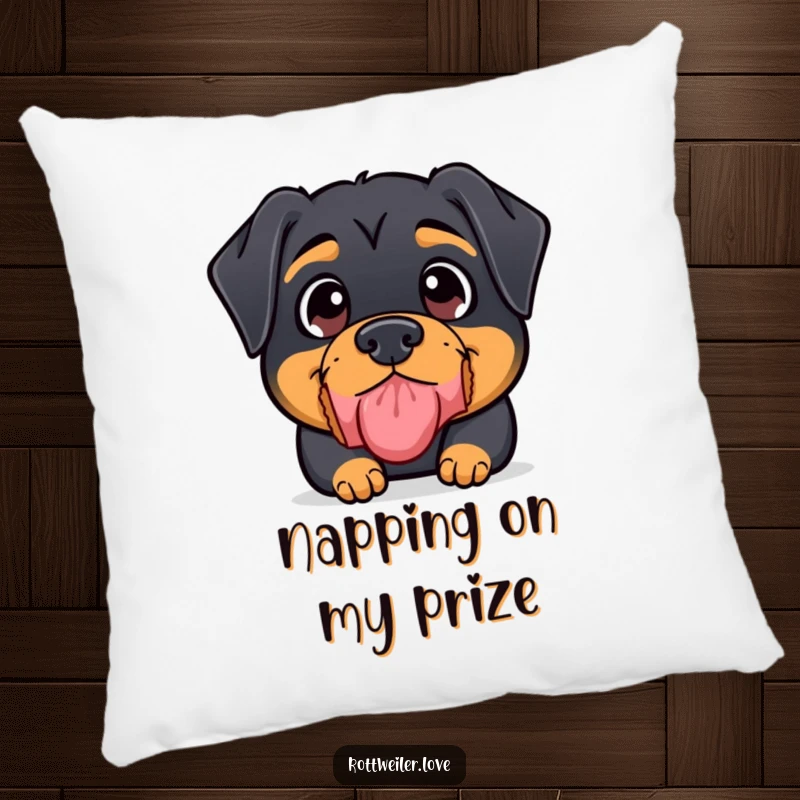Funny Kawaii Rottweiler Pillow showcasing a cute rottweiler with wide eyes concentrating on balancing a treat on its nose.