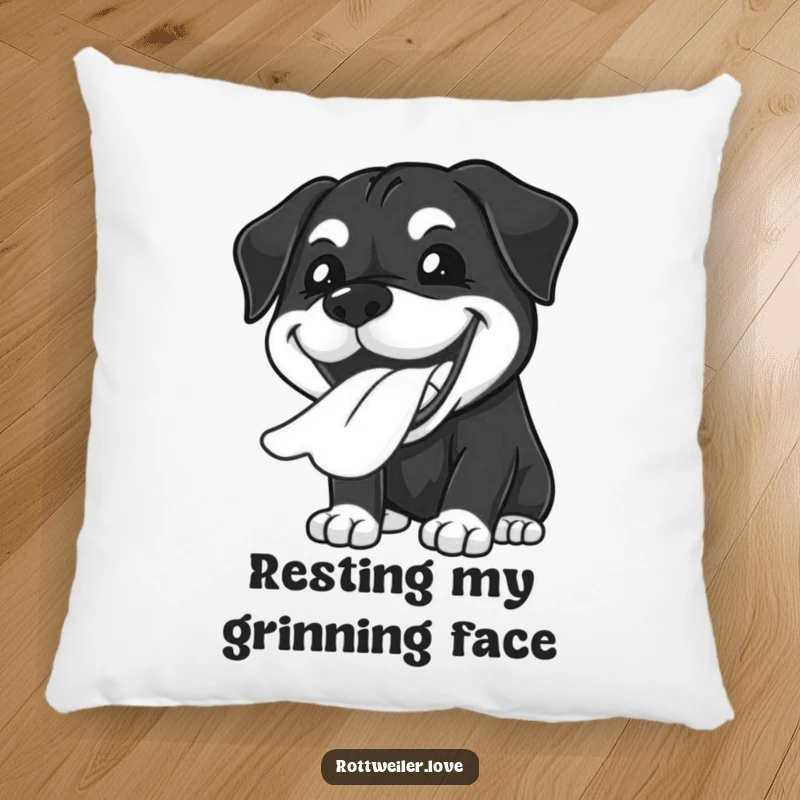 Funny Kawaii Rottweiler pillow featuring a joyful grin with tongue lolling out, offering comfort and happiness.