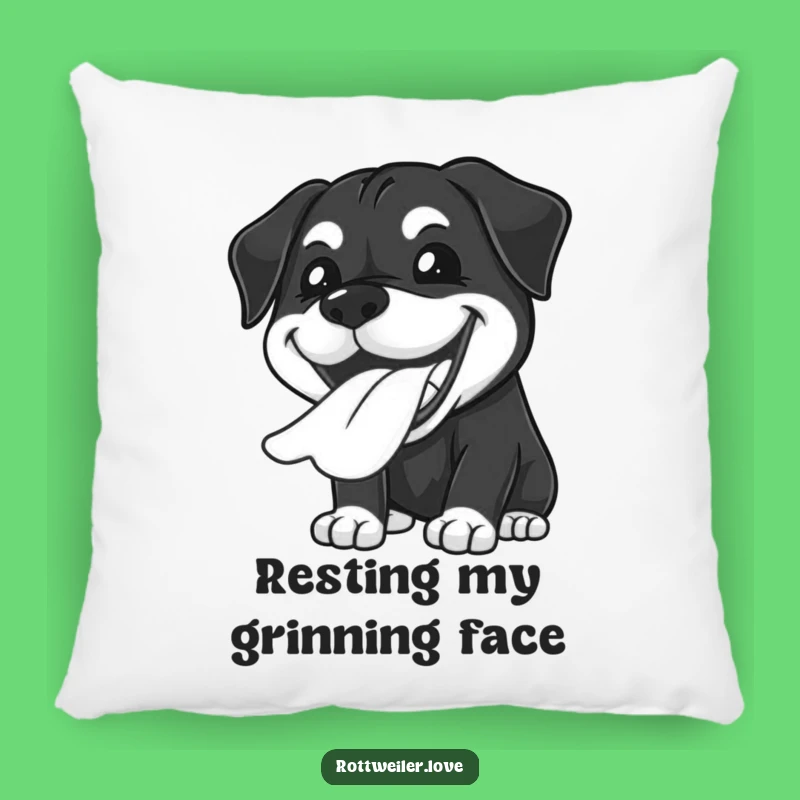 Funny Kawaii Rottweiler Grin Pillow: Joyful Tongue Comfort, Cozy Dog Gift