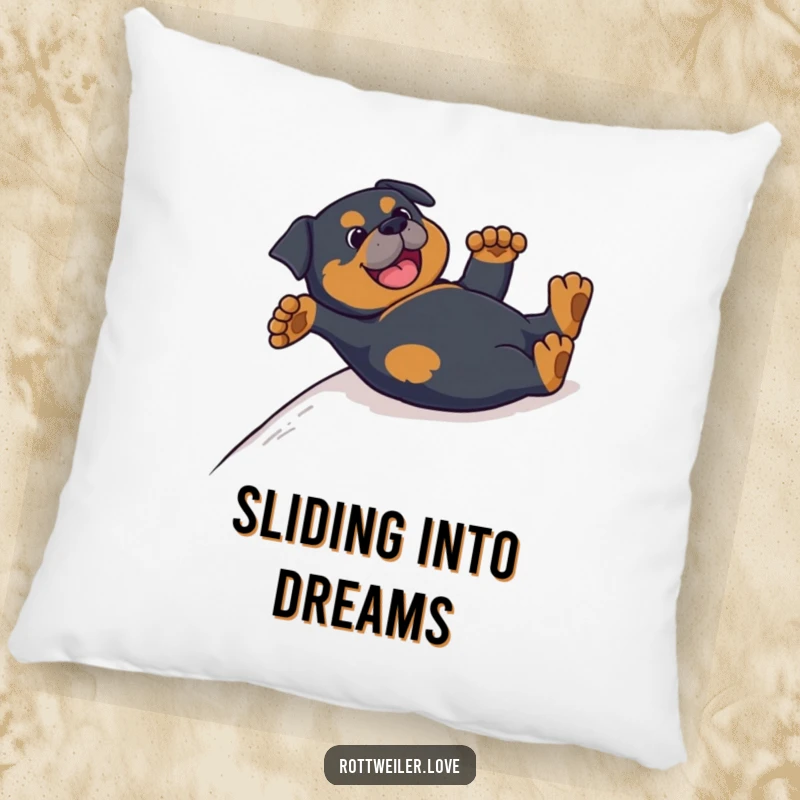 Funny Rottweiler pillow featuring a dog sliding on its back with paws in the air, offering plush comfort and humor.