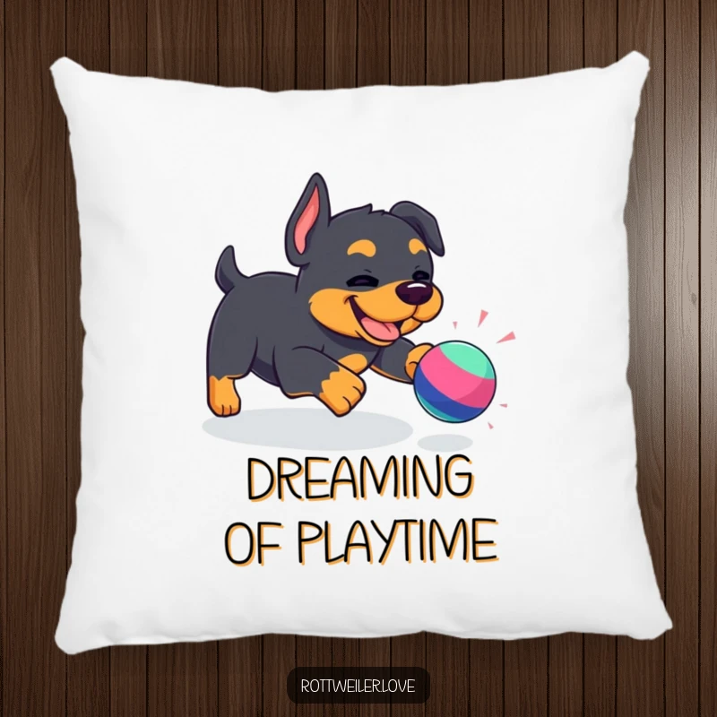 Funny Kawaii Rottweiler pillow featuring a playful dog enthusiastically chasing a toy, embodying cute, happy, and energetic vibes.