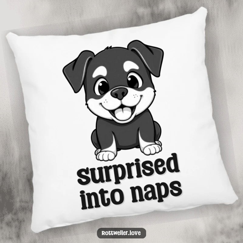 Funny Kawaii Rottweiler pillow with a surprised but happy expression, offering comfort and delight.