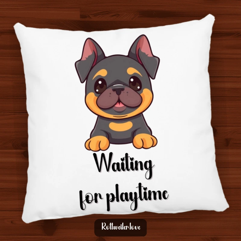 Funny Kawaii Rottweiler pillow showing a dog with perked ears, looking towards something fun, perfect for adding comfort and curiosity.