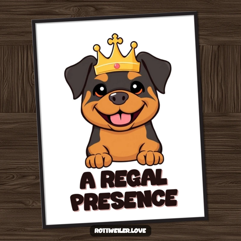 Funny digital art print of a Rottweiler wearing a tiny crown and smiling broadly, ideal for regal and humorous decor.