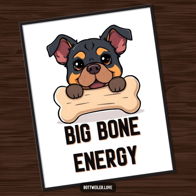 Funny digital art print of a Rottweiler peeking from behind a dog bone, ideal for humorous digital displays.