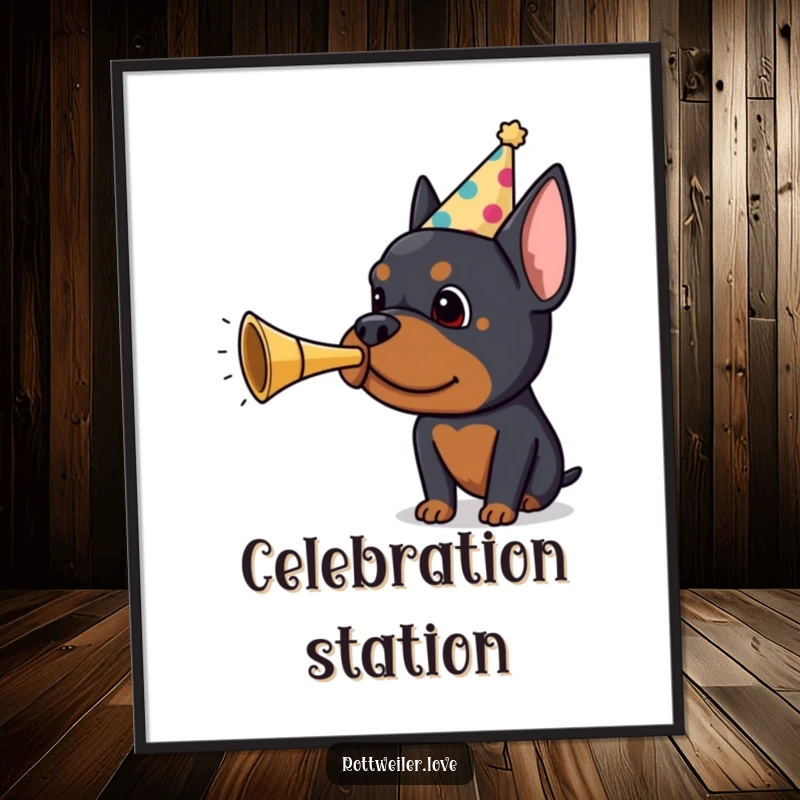 Funny Rottweiler digital art print of a dog in a party hat blowing a small horn, ready to be printed for instant wall decor and laughter.