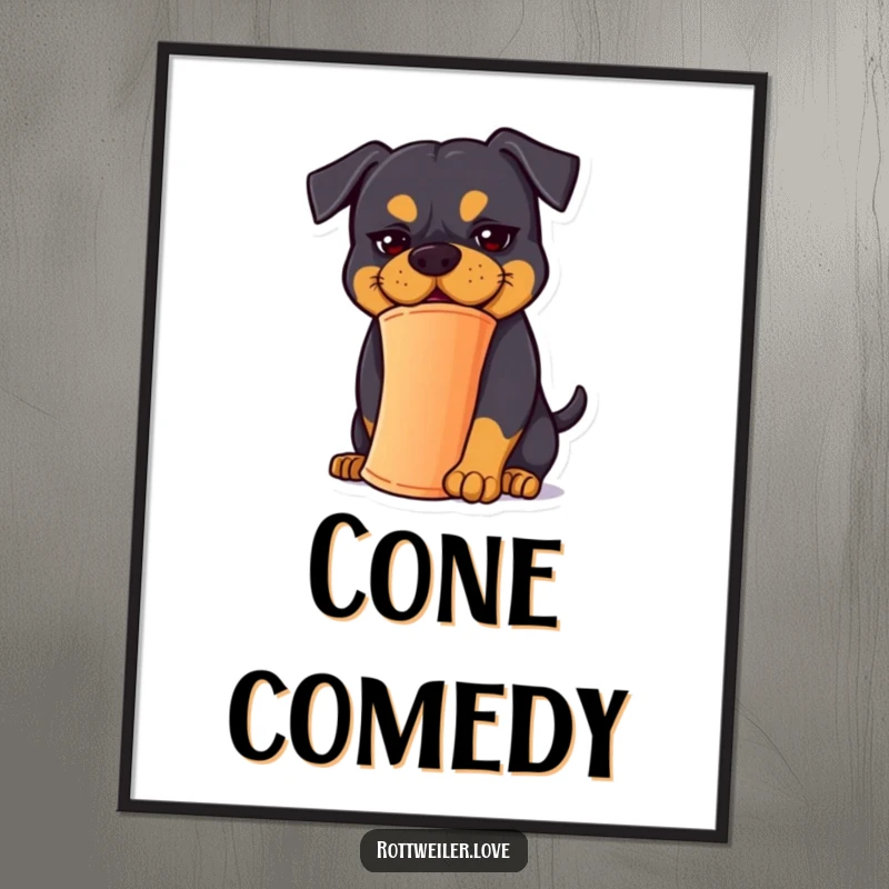 Funny Rottweiler Digital Art: A Rottweiler with a goofy expression attempts to balance a cone, a comical scene.