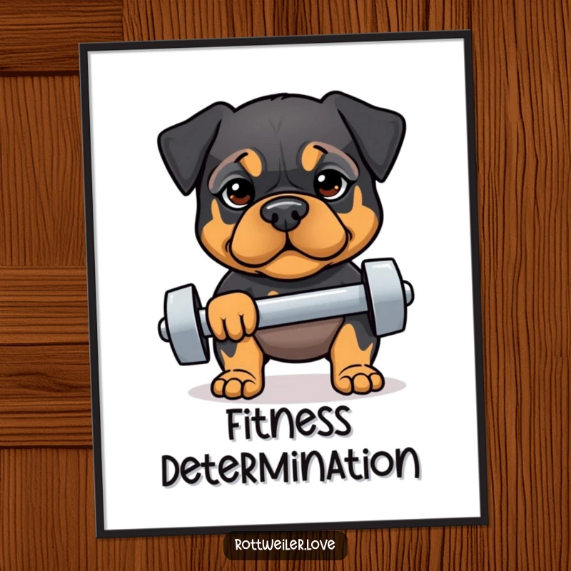 Funny digital art print of a Rottweiler with a determined expression lifting a dumbbell, ideal for humorous fitness decor.