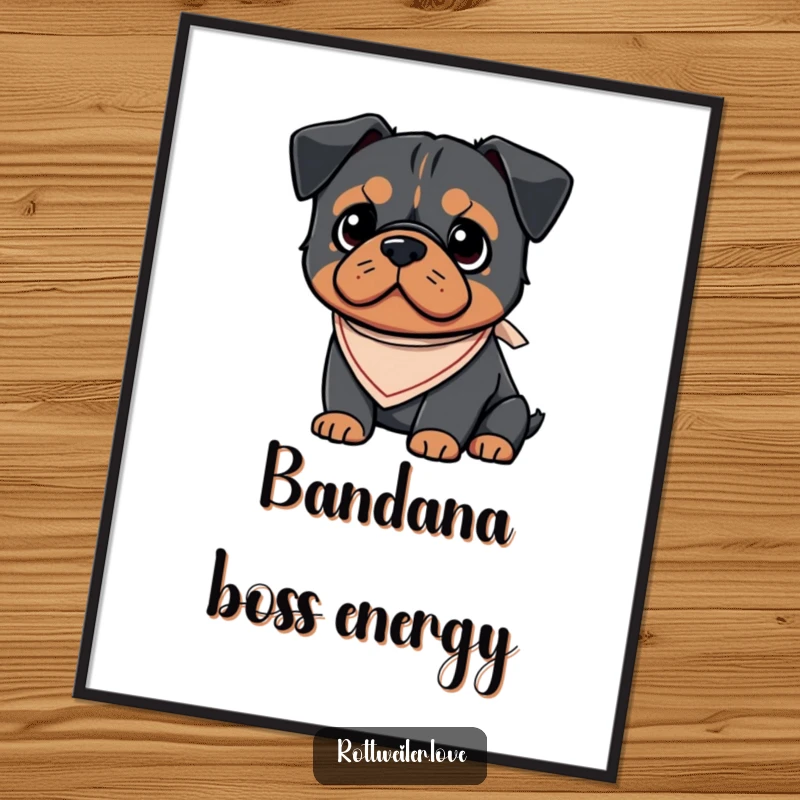 Funny Kawaii Rottweiler digital art print of an adorable dog wearing a small, cute bandana, ready to be printed and displayed.