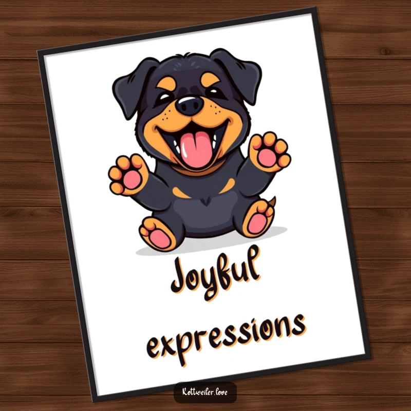 Funny Kawaii Rottweiler digital art print of a happy bark with paws up, radiating pure delight.