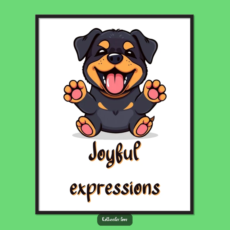 Funny Kawaii Rottweiler Digital Art: Happy Bark Print, Paws Up Decor Gift