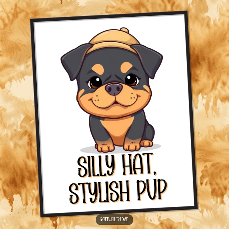 Funny kawaii rottweiler digital art print showcasing a dog with a goofy, silly expression and a tiny hat, ready to be admired.