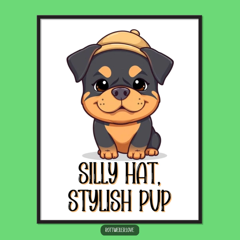 Funny Kawaii Rottweiler Digital Art: Silly Dog Portrait, Tiny Hat!