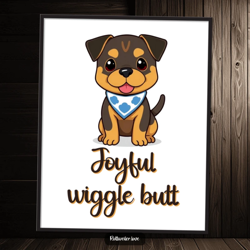 Funny Rottweiler digital art print of a dog in a bandana, tail wagging, perfect for instant download and decor.