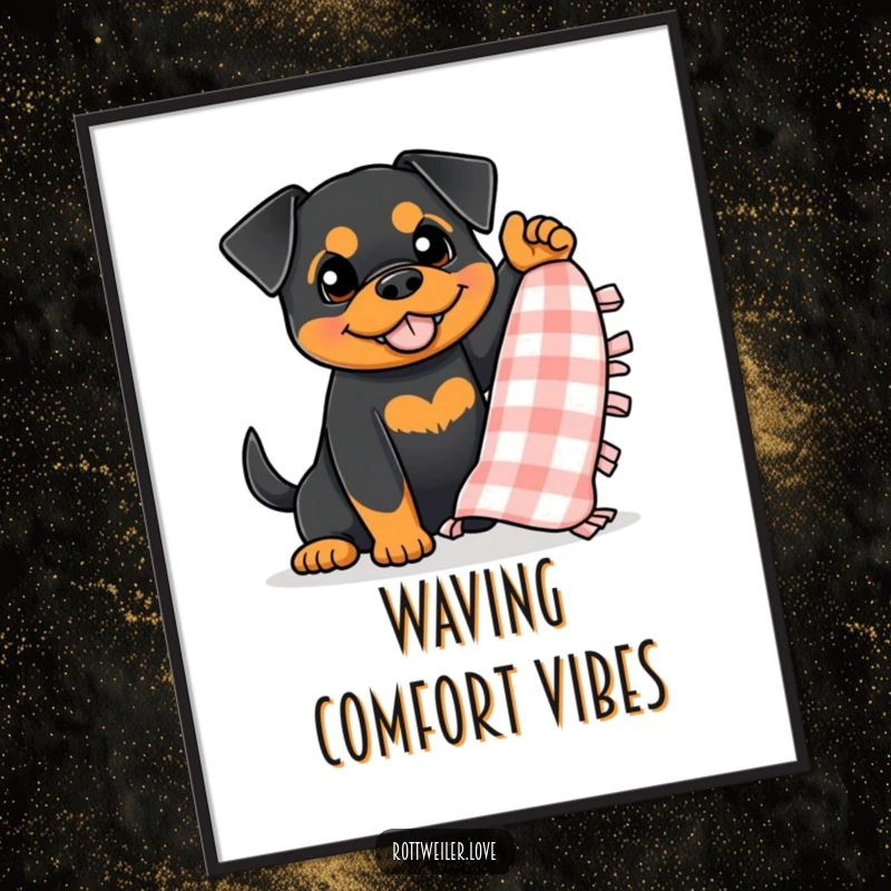 Funny Rottweiler Digital Art Print of a dog enthusiastically waving a small, checkered blanket, capturing a moment of pure cozy happiness.