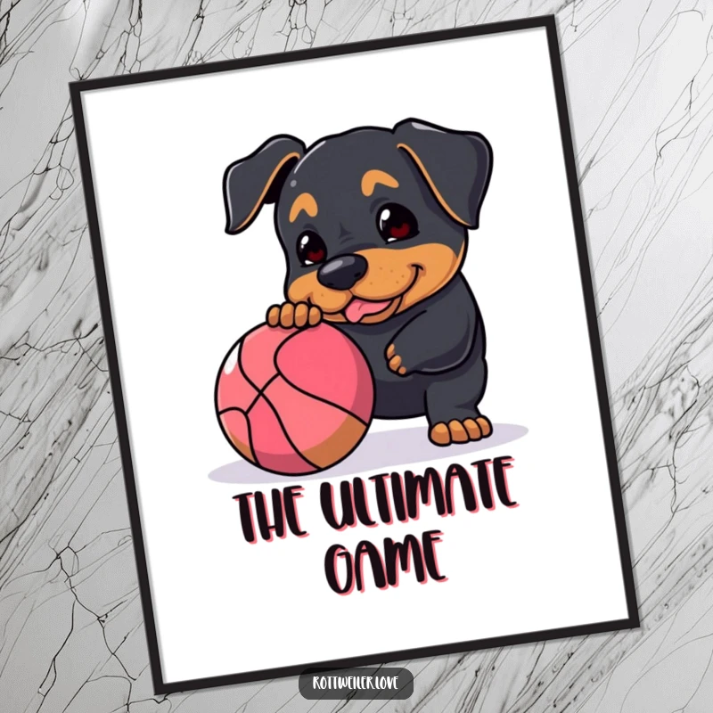 Funny Rottweiler digital art print of a dog playfully nudging a large, bouncy ball, ready for instant download and wall decor.