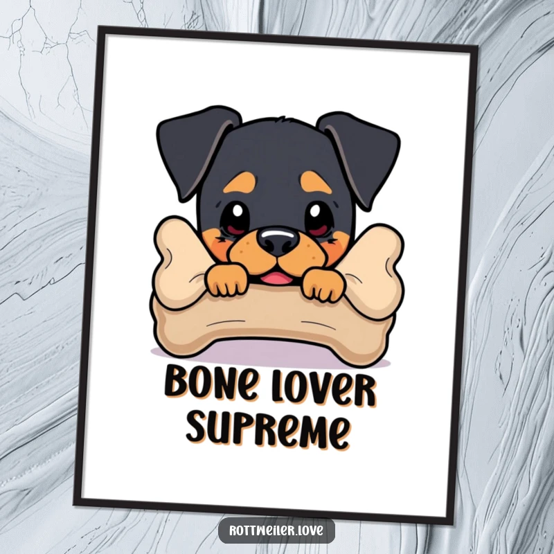 Funny Rottweiler Digital Art Print of a dog peeking from behind a bone, capturing a moment of playful charm.