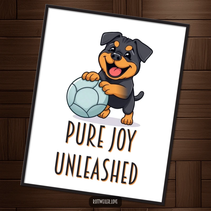 Funny rottweiler digital art print showing a happy dog playing fetch with a large ball, perfect for joyful and humorous decor.