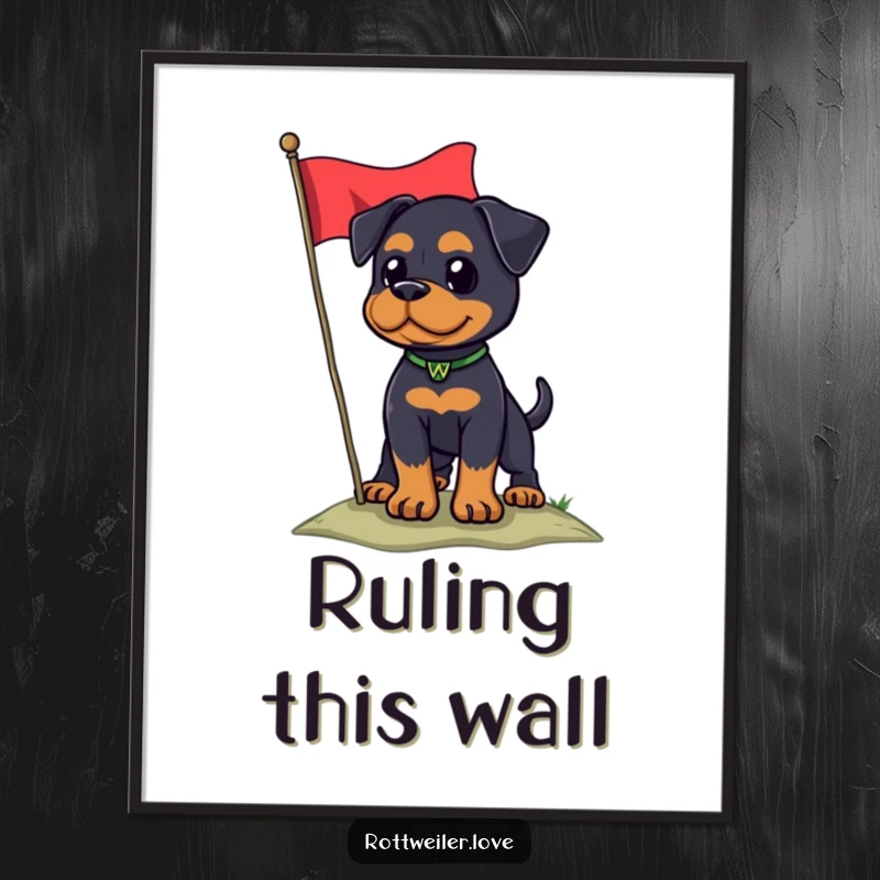 Funny Rottweiler dog standing with a flag on a hill, conveying patriotic humor as a digital art print.