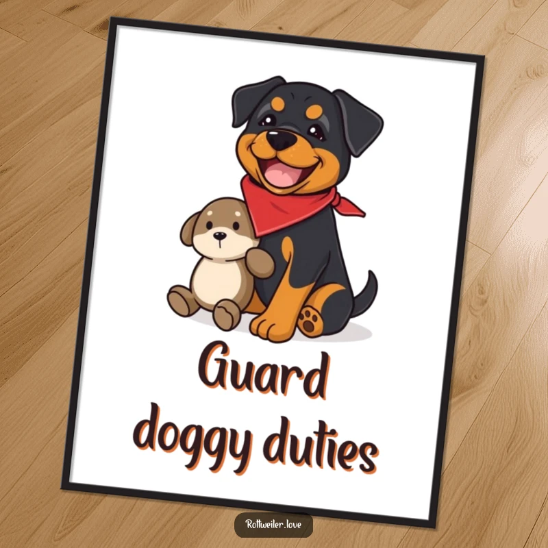 Funny rottweiler digital art print showing a joyful dog wearing a bandana, guarding a plush toy, perfect for humorous decor.