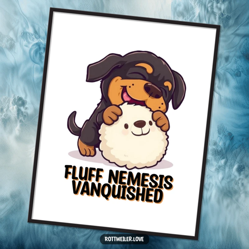Funny rottweiler digital art print depicting a dog's energetic pounce on a fluffy toy, showcasing playful action and humor.