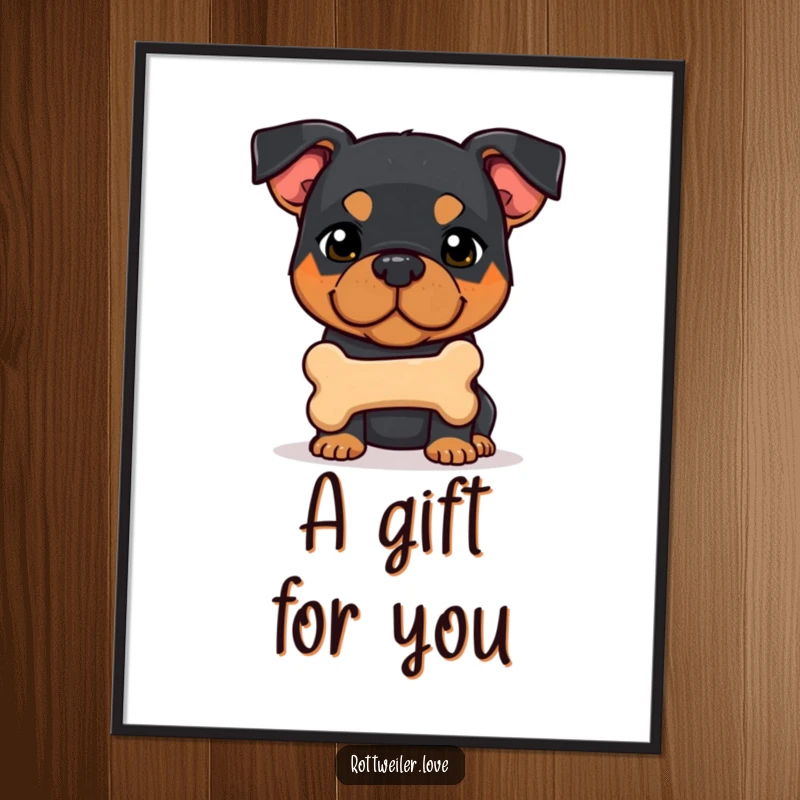 Funny shy Rottweiler dog offering a bone, conveying sweet canine humor as a digital art print.
