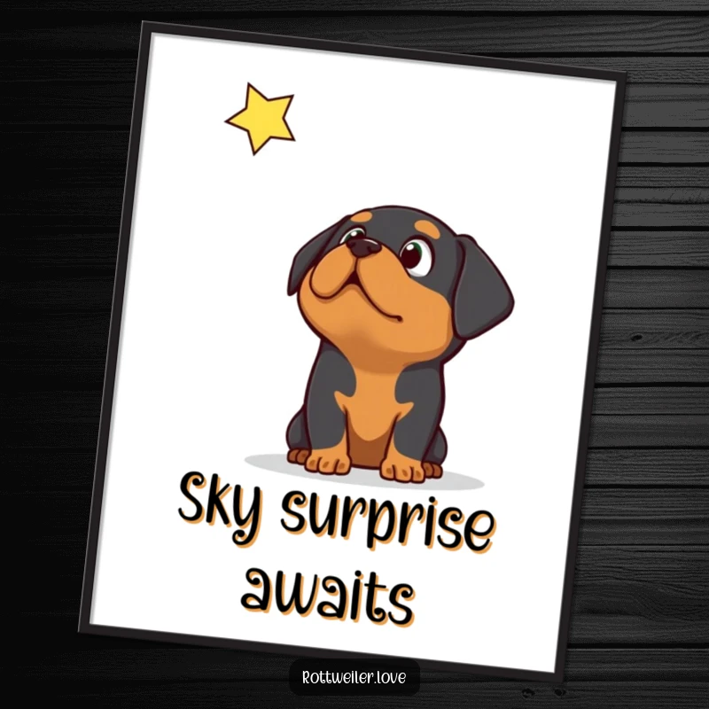 Funny Rottweiler dog looking up in surprise at a brilliant falling star, featured as a captivating digital art print.
