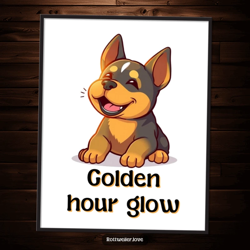 Funny Rottweiler digital art print of a happy dog sighing contentedly while basking in warm sunlight, ready for instant download and serene decor.